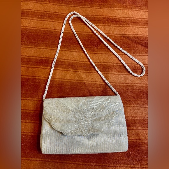 Lisa Loren Vintage Hand Beaded Pearl Evening Bag Bridal Crossbody Ivory - Picture 2 of 11